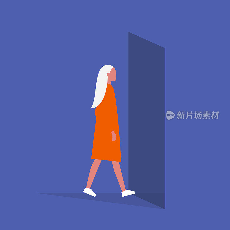 Young female character walking through a doorway. Daily life. Flat editable vector illustration, clip art